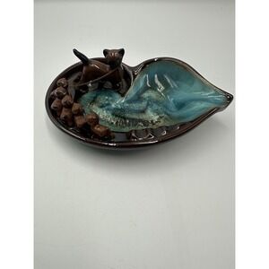 VTG Tilso Japan Cat & Kittens Ashtray Pottery Turquoise Drip Glaze Mid Century